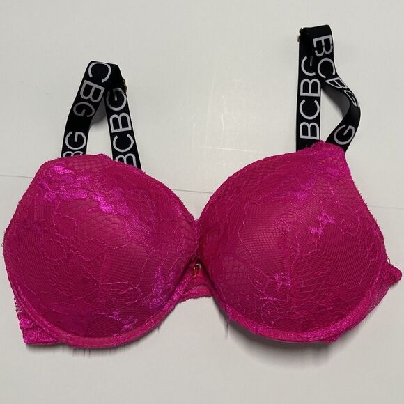 BCBG GENERATION Size 36C Pink Lace Push-Up Bra Black Spellout Straps Underwire - Picture 1 of 6